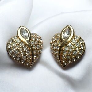 Vintage Swarovski Gold Heart and Crystal Clip-On Earrings